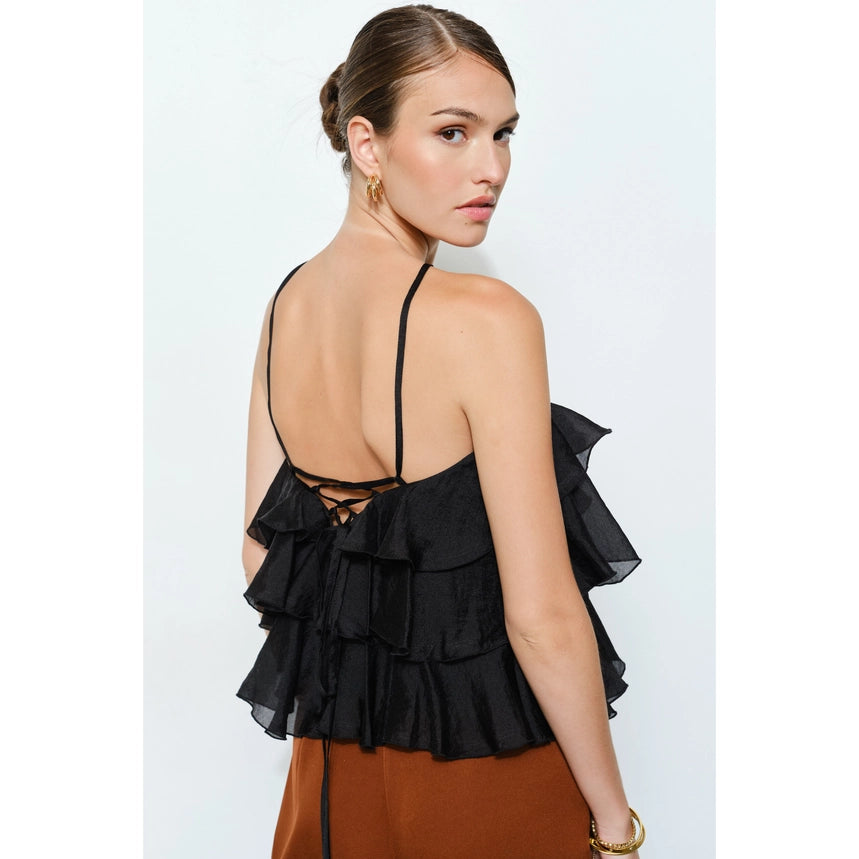Floral Accent Tiered Ruffle Halter Top