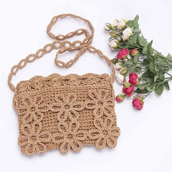 Faux Straw Crossbody Flower Bag