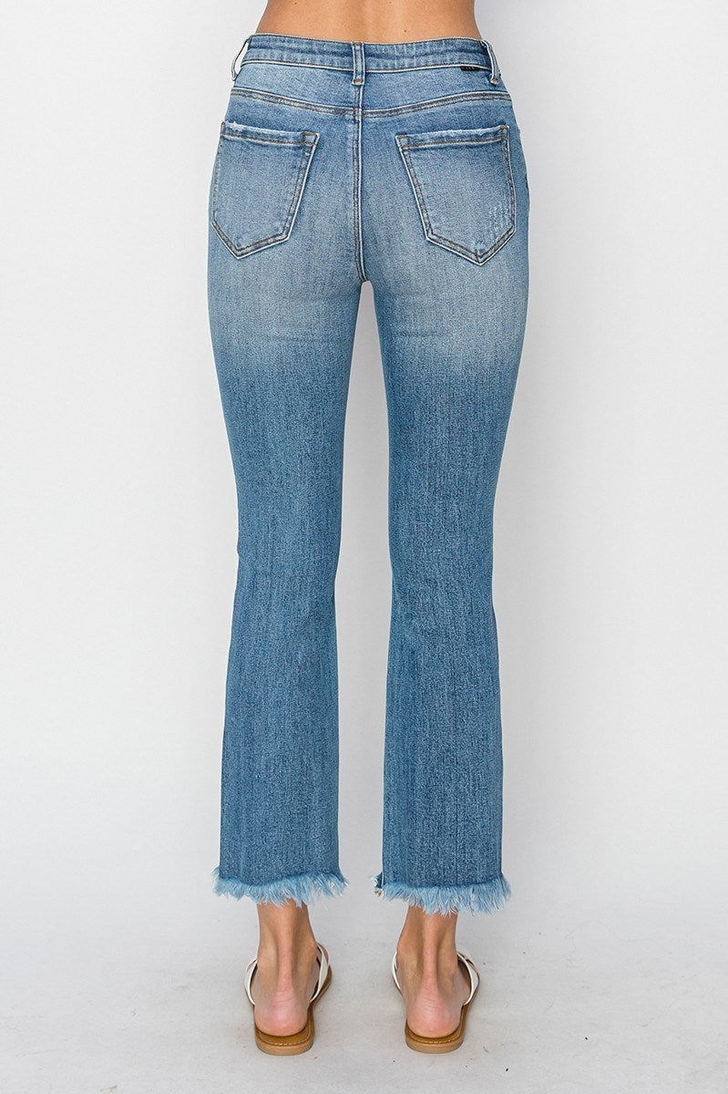 Mid Rise Raw Hem Straight Leg Jeans