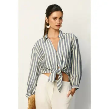 Nautical Striped Dolman Tie Front Top in cream with washed navy stripes, tied front dolman sleeves