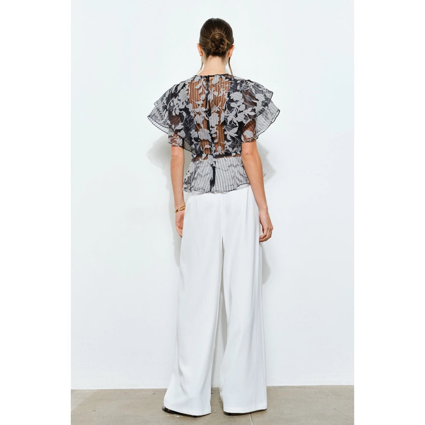 Sheer Floral Stripe Print Ruffle Blouse