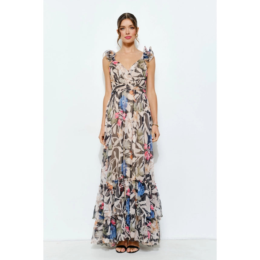 Ruffled Floral Chiffon Tiered Maxi Dress