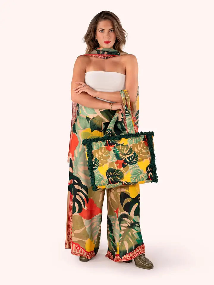 Exotic Leaves Fringed Tote