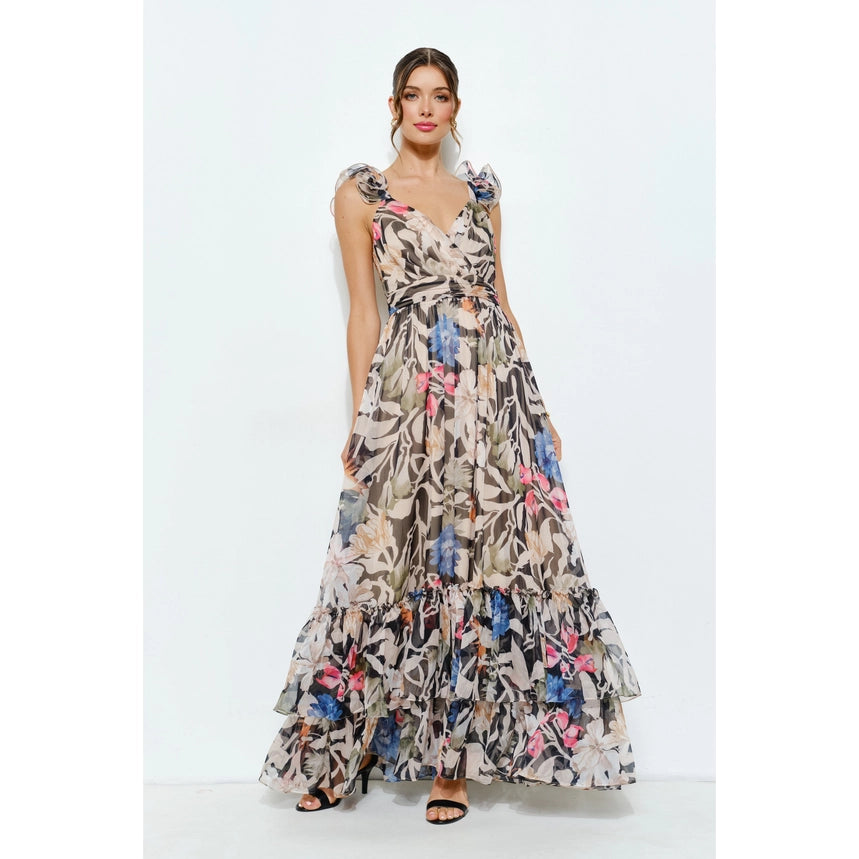 Ruffled Floral Chiffon Tiered Maxi Dress