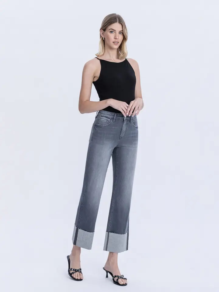 High Rise Cuffed Slim Wide Jeans