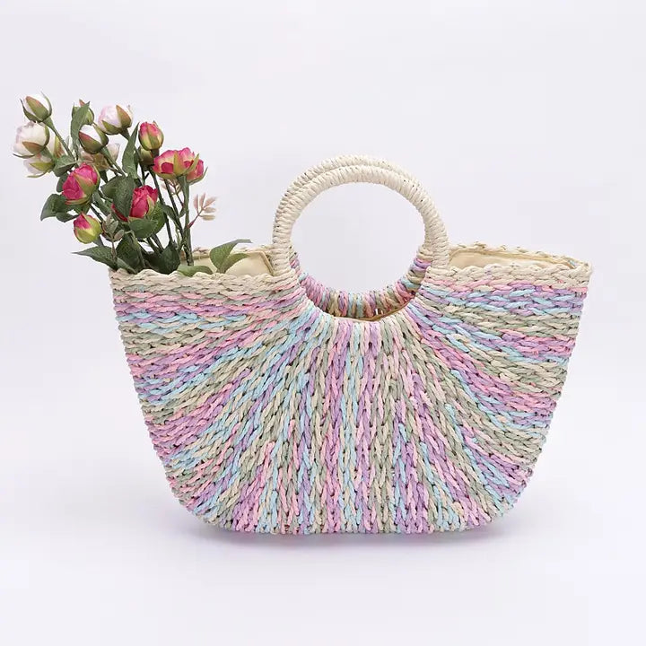 Round Handle Faux Straw Bag