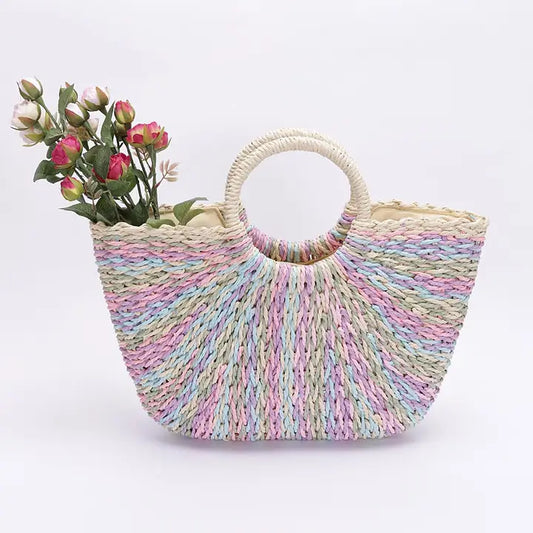 Round Handle Faux Straw Bag