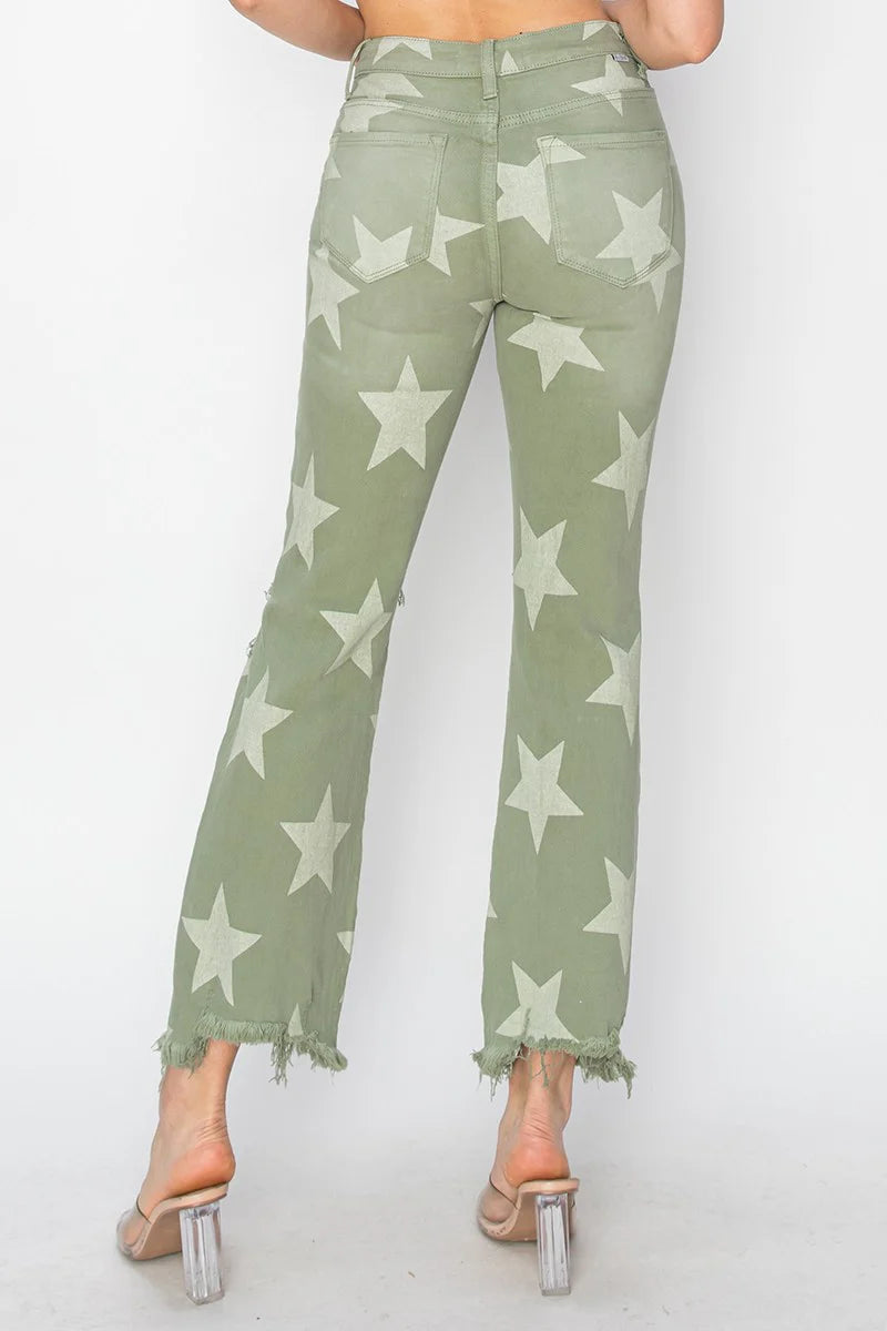 High Rise Star Printed Frayed Hem Jeans