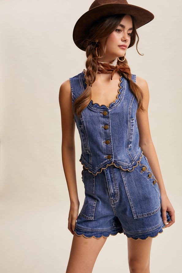Scallop Trim Denim Vest