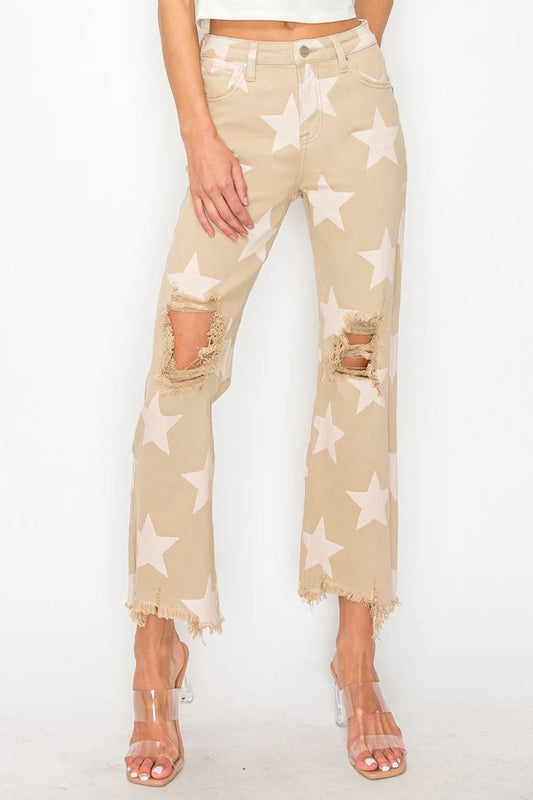 High Rise Star Printed Frayed Hem Jeans