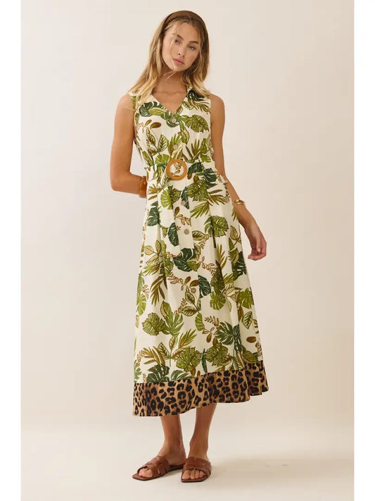 Tropical Leopard Midi Belted Dress