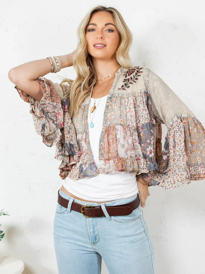 Vintage Boho Tiered Patchwork Crop Shrug