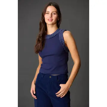 Ruffle Poplin Ribbed Sleeveless Top
