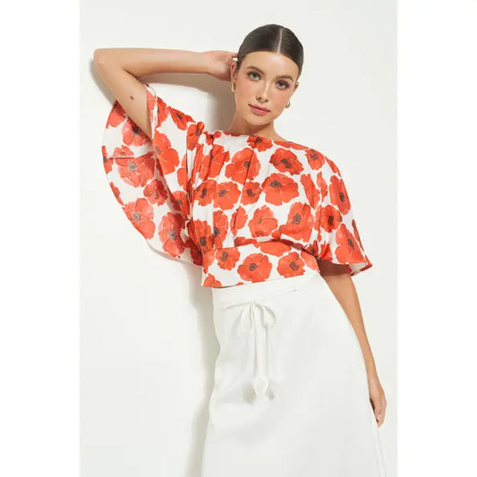Kimono Sleeve Floral Print Top