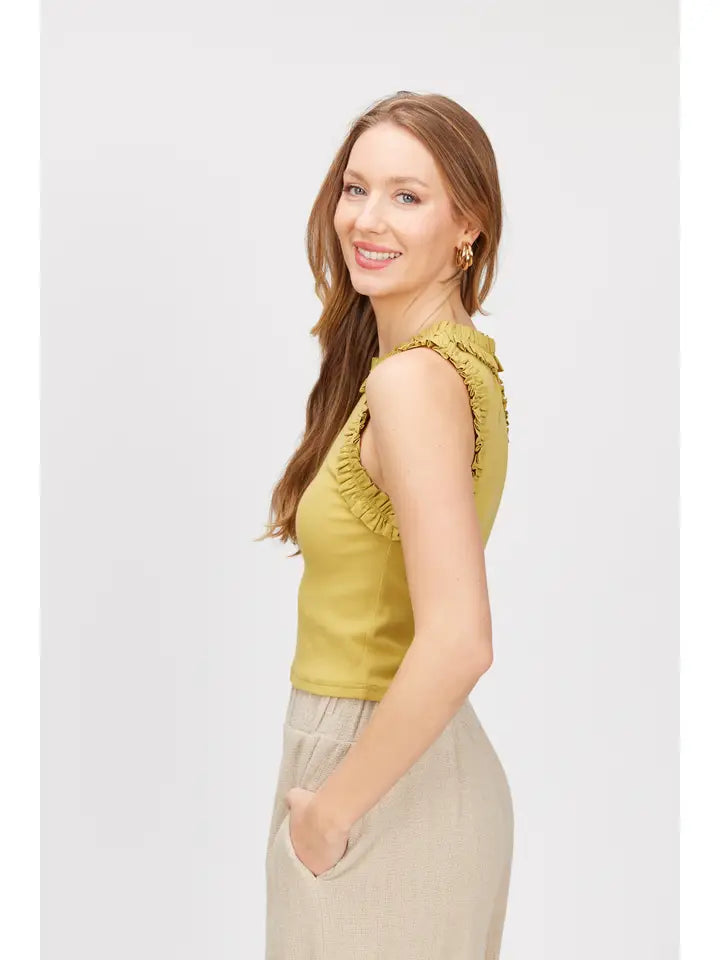 Ruffle Poplin Ribbed Sleeveless Top