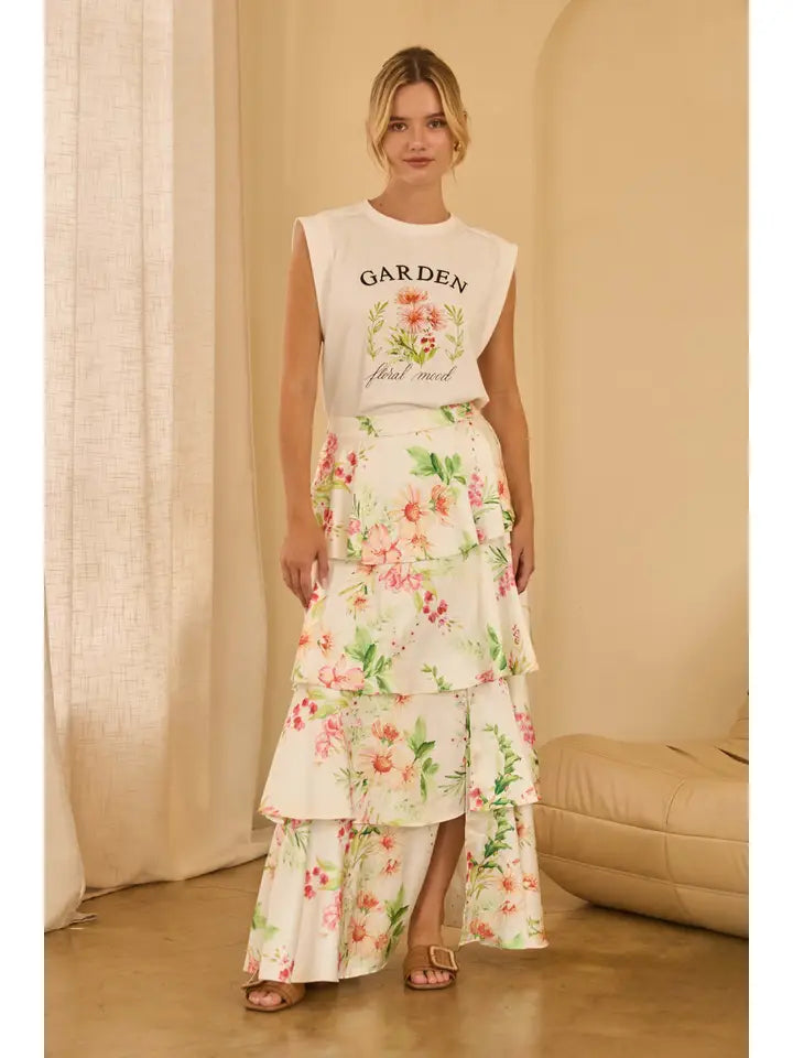Floral Print Tiered Maxi Skirt