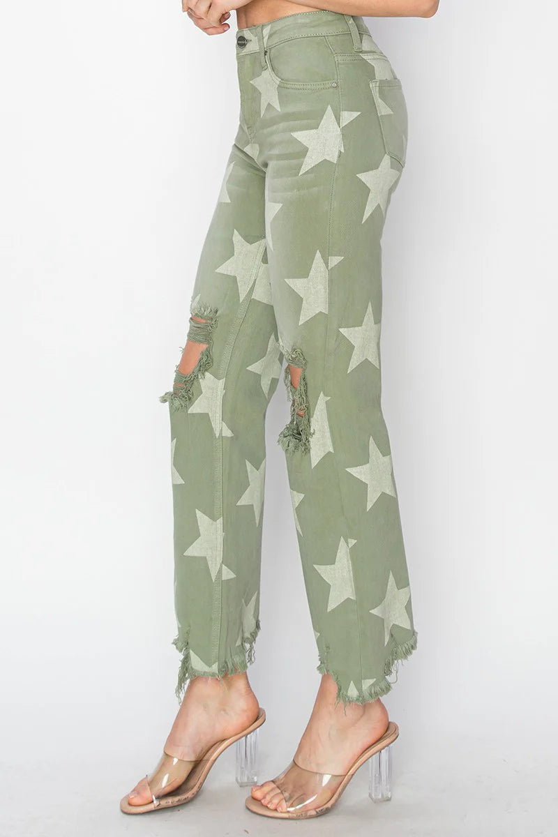 High Rise Star Printed Frayed Hem Jeans