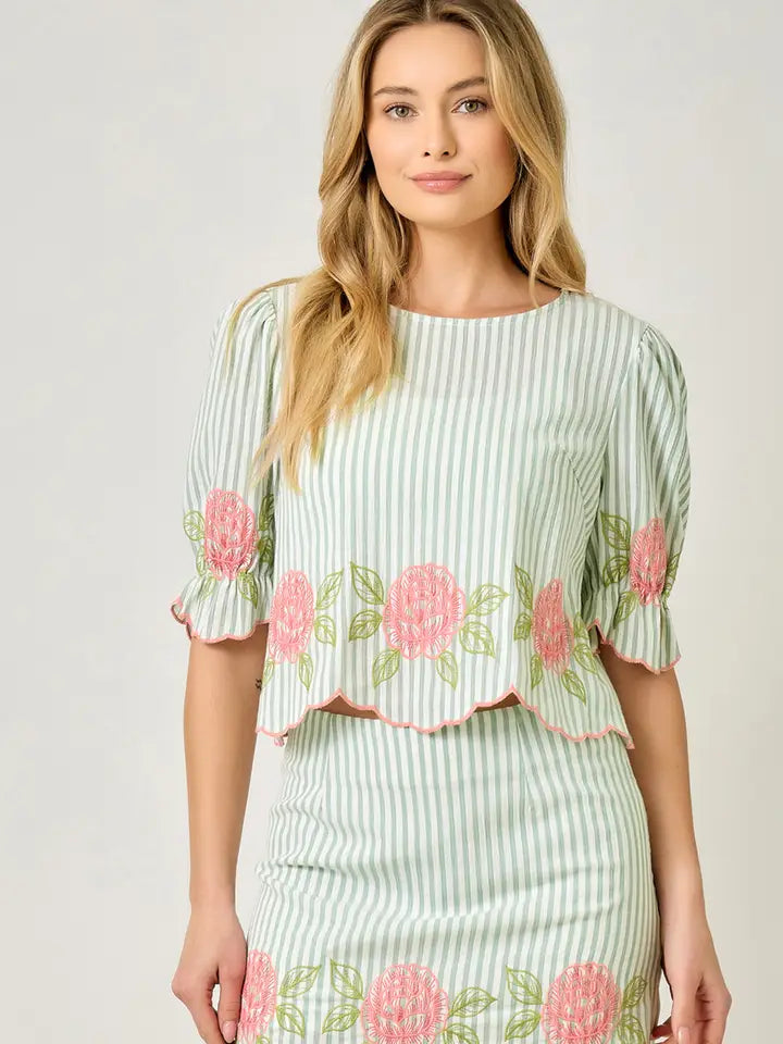 Pinstripe Embroidered Scallop Skirt