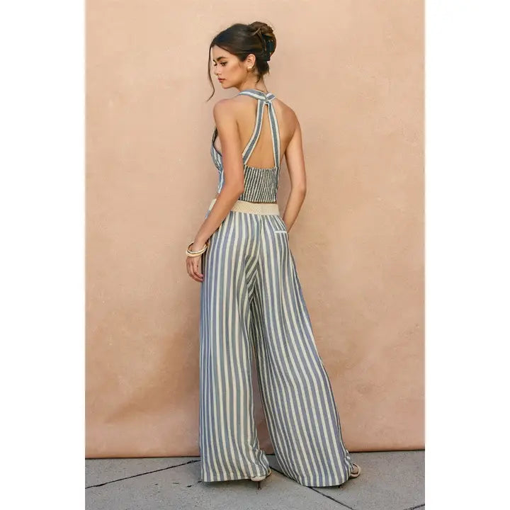 Nautical Striped Wide Leg Pants in cream and washed navy stripe with flowing wide-leg silhouette