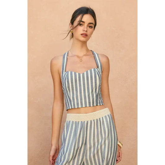 Nautical Stripe Crop Halter Top in cream and washed navy stripe with square neckline and fitted cropped cut.