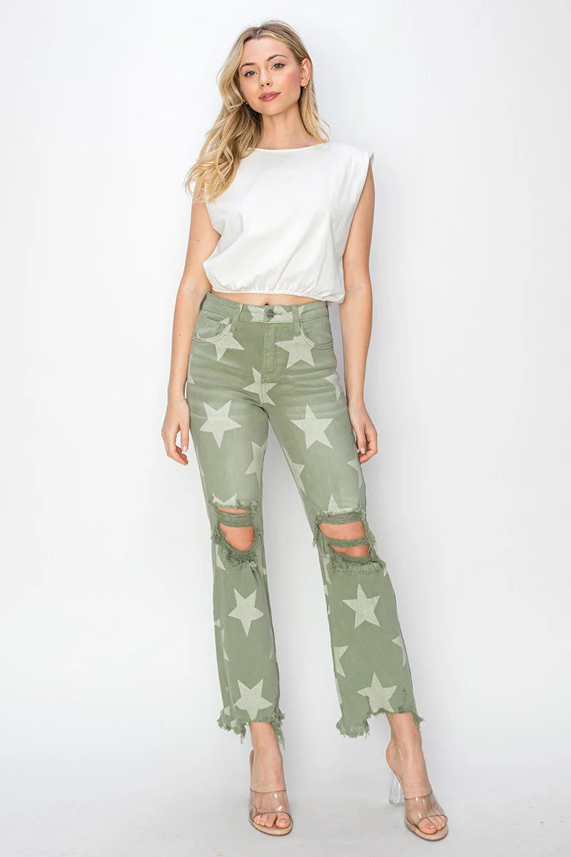 High Rise Star Printed Frayed Hem Jeans