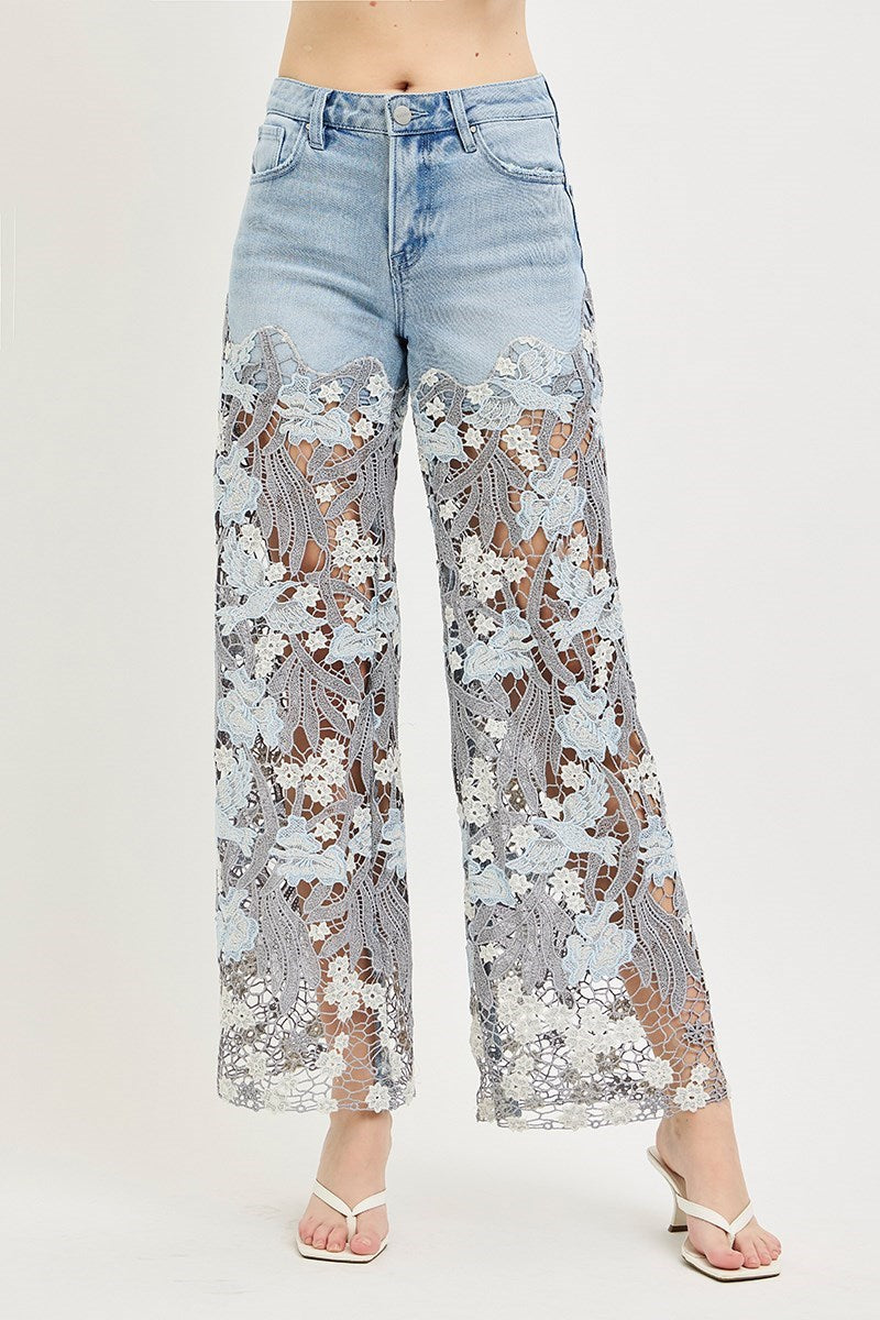 High Rise Wide Leg Lace Panel Jeans