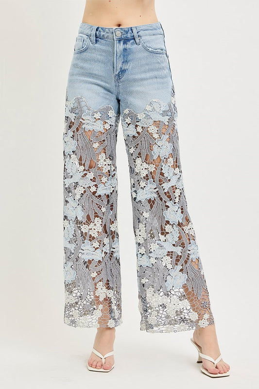 High Rise Wide Leg Lace Panel Jeans