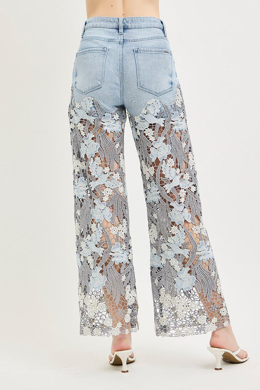 High Rise Wide Leg Lace Panel Jeans