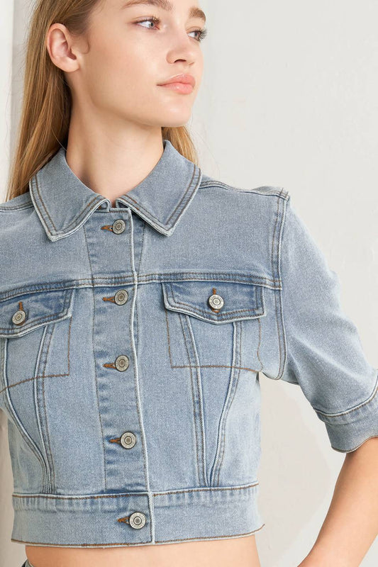 Elbow Sleeve Washed Denim Jacket