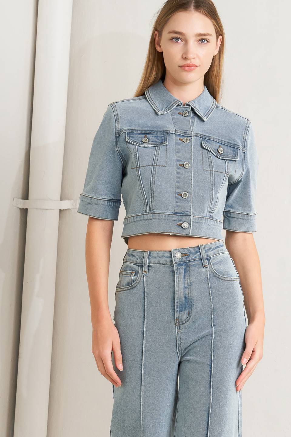 Elbow Sleeve Washed Denim Jacket