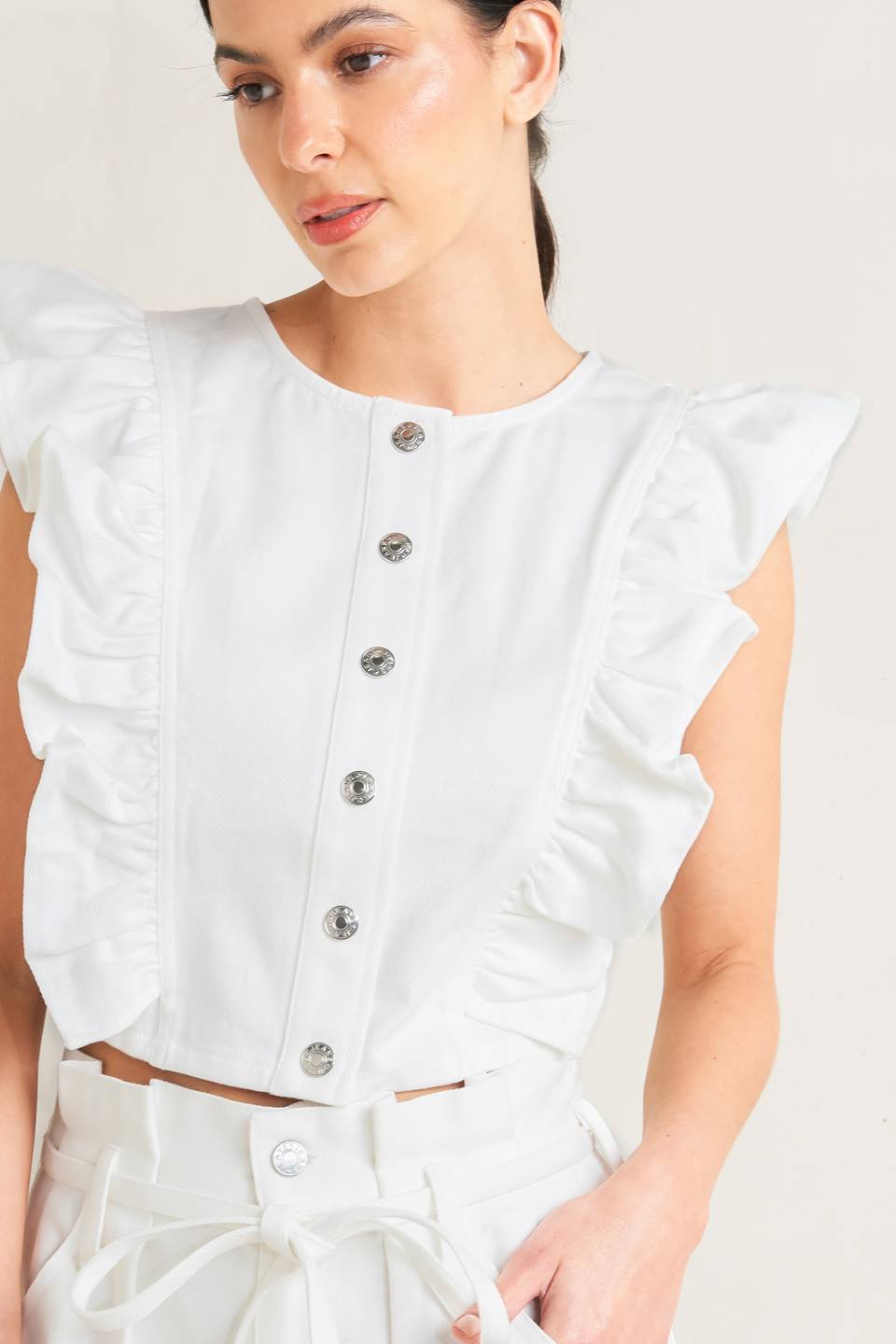 Twill Sleeveless Ruffle Top