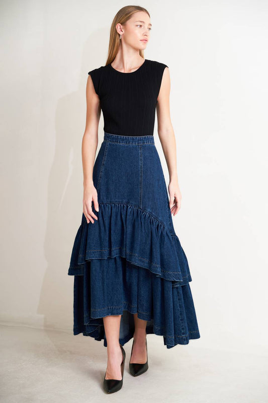Double Layer Ruffle Denim Maxi Skirt