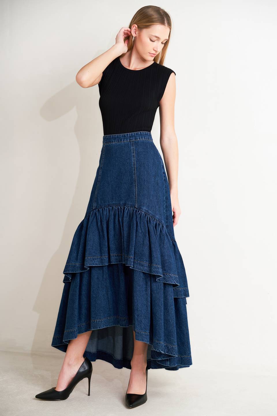 Double Layer Ruffle Denim Maxi Skirt