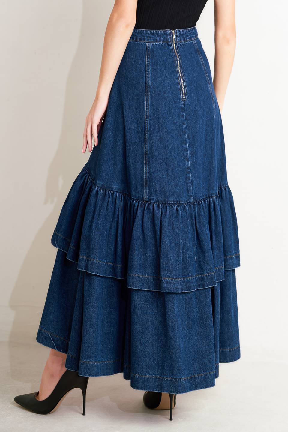 Double Layer Ruffle Denim Maxi Skirt