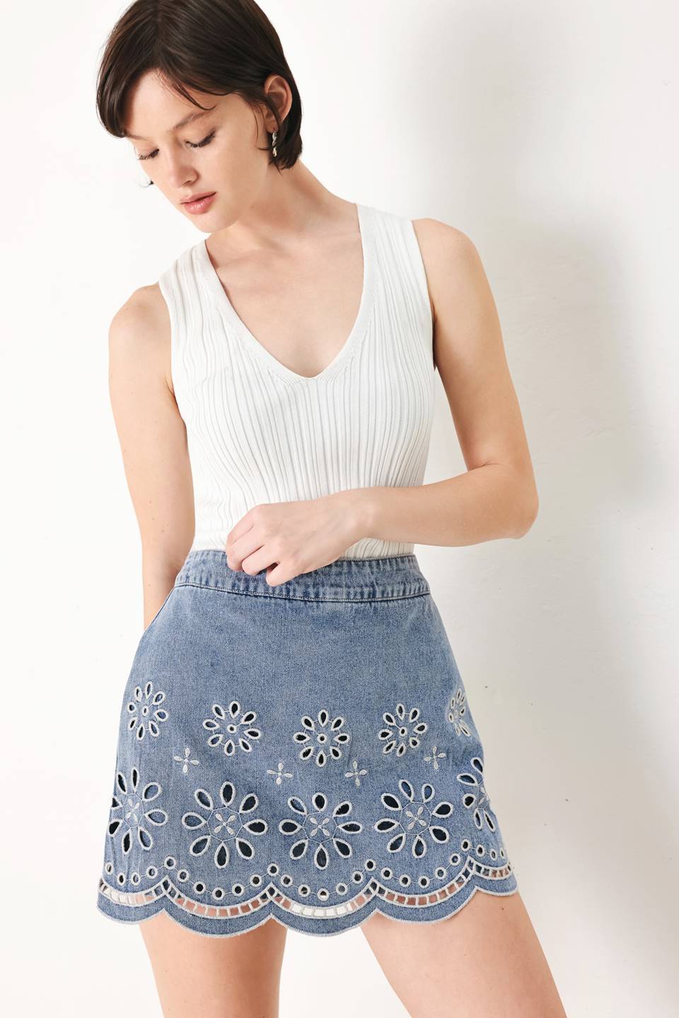 Eyelet Cutout Denim Skort