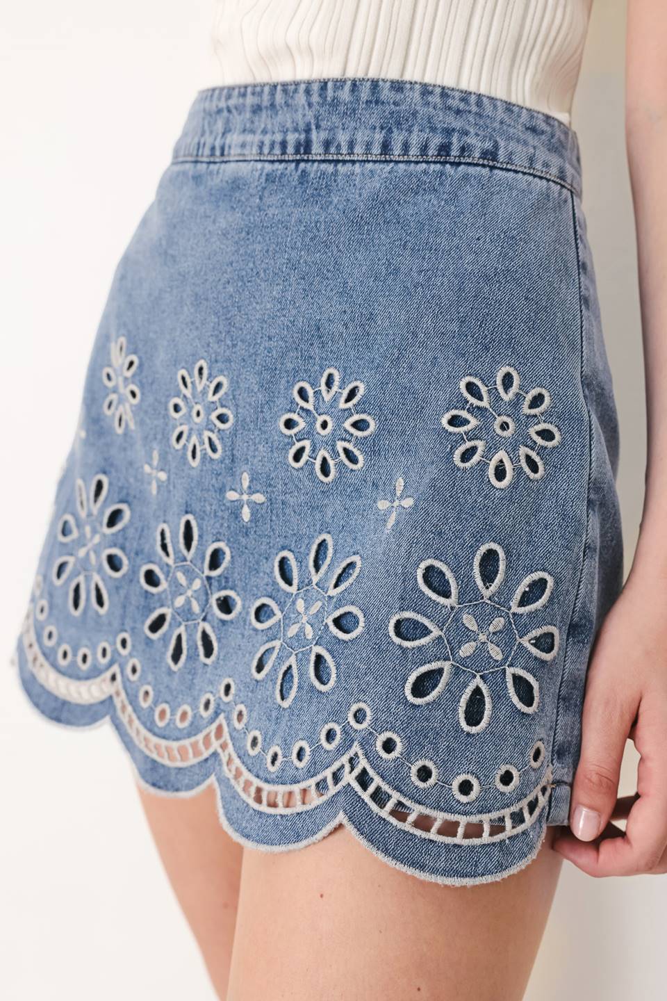 Eyelet Cutout Denim Skort