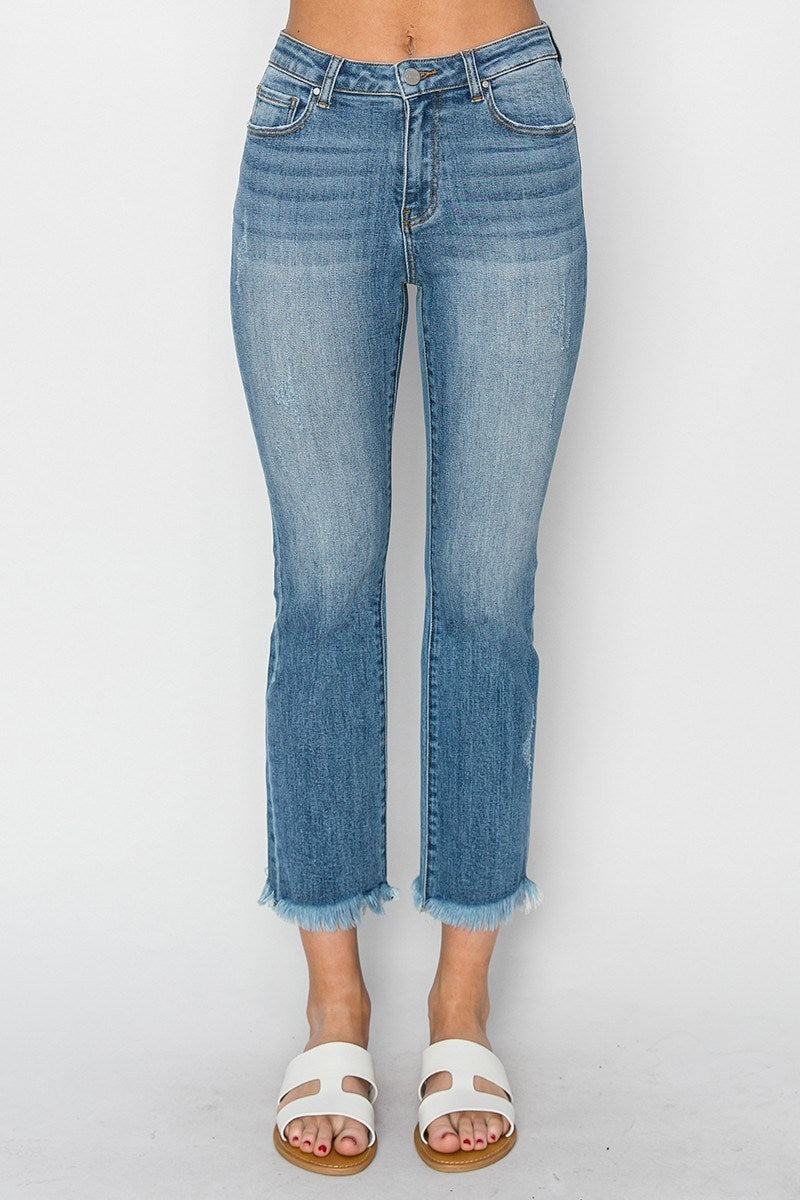 Mid Rise Raw Hem Straight Leg Jeans