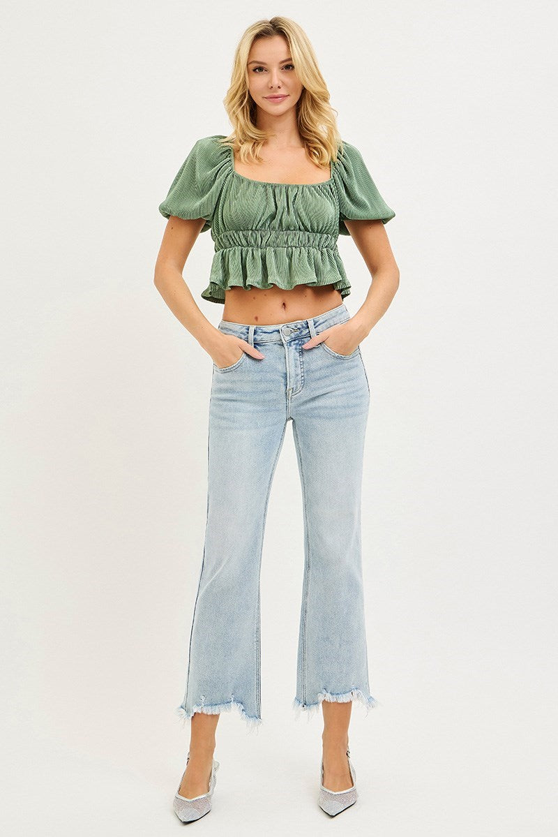 Mid Rise Straight Step Hem Pants
