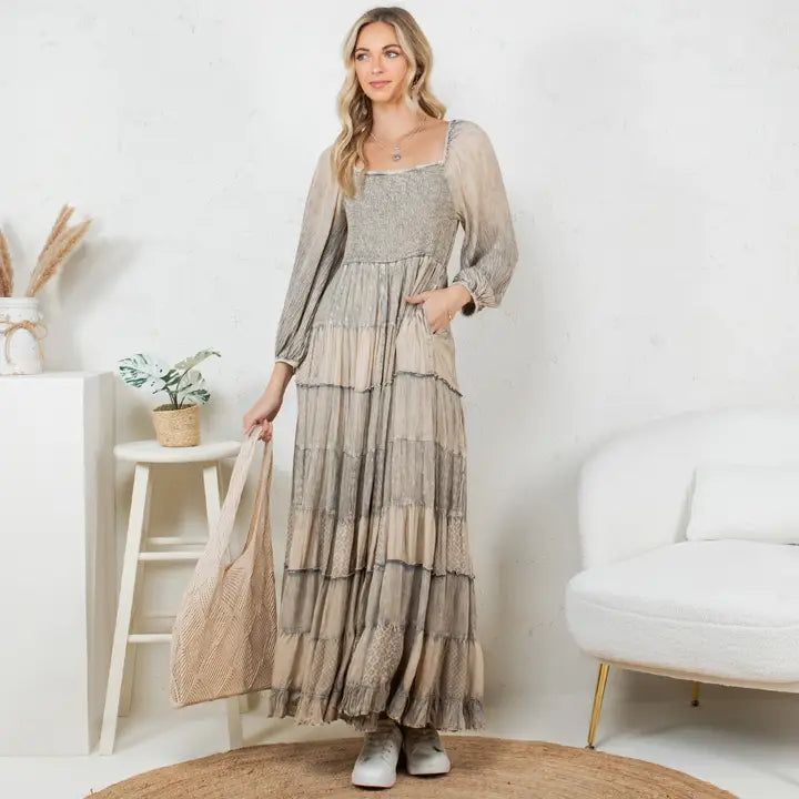 Boho Smocked Patchwork Maxi Dress