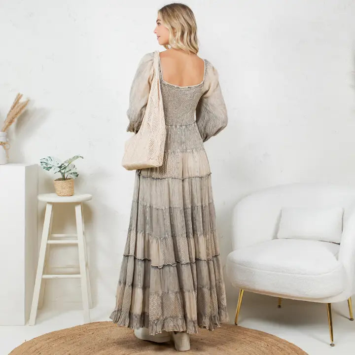 Boho Smocked Patchwork Maxi Dress