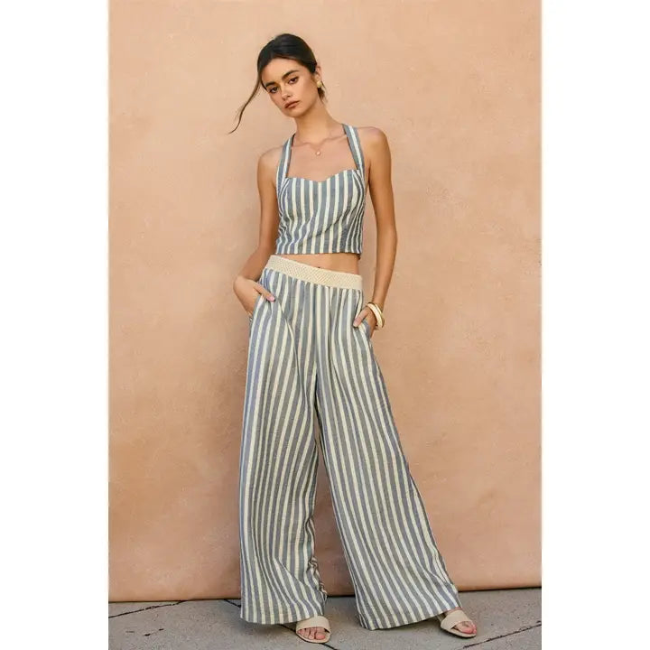 Nautical Striped Wide Leg Pants in cream and washed navy stripe with airy wide-leg drape