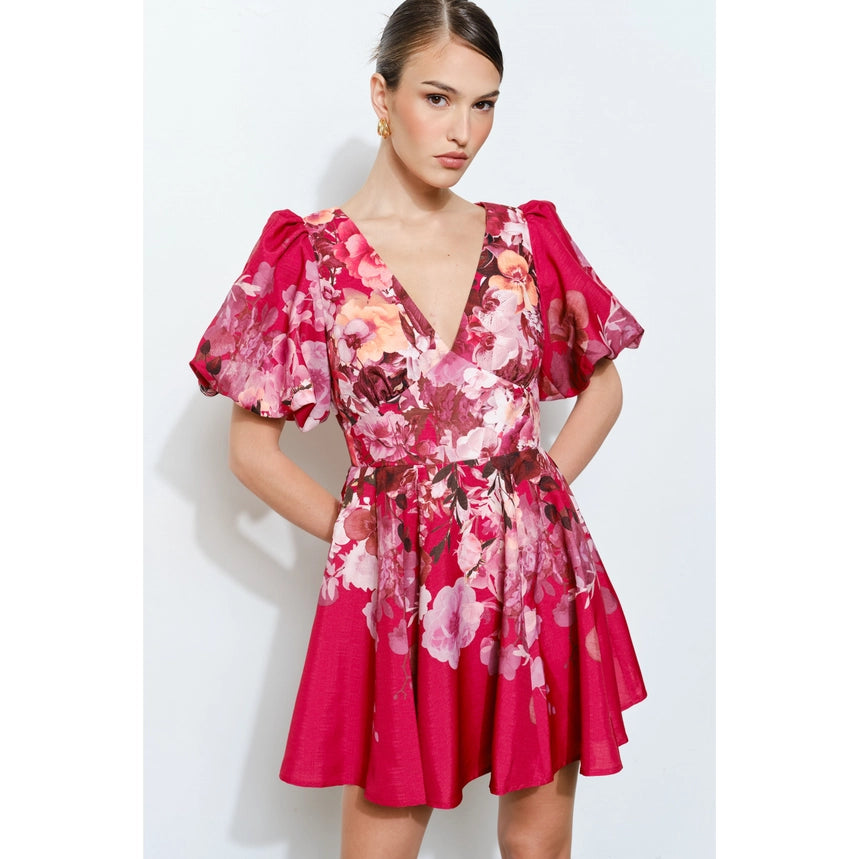 Floral Puff Sleeve V-Neck Mini Dress