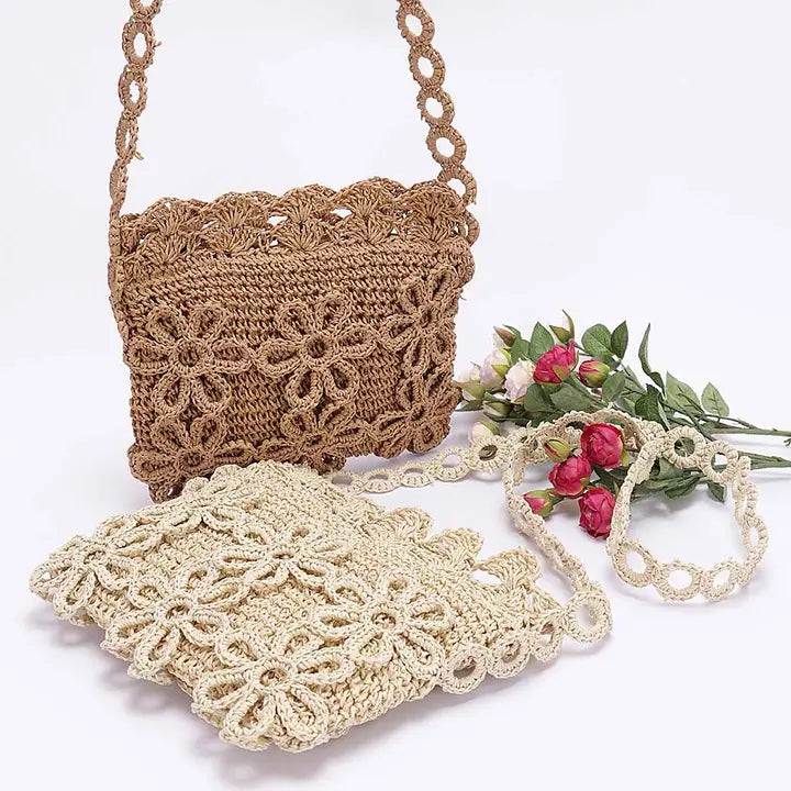 Faux Straw Crossbody Flower Bag