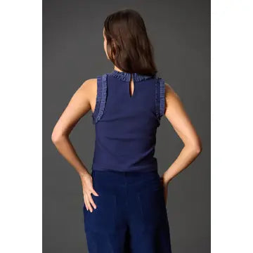 Ruffle Poplin Ribbed Sleeveless Top