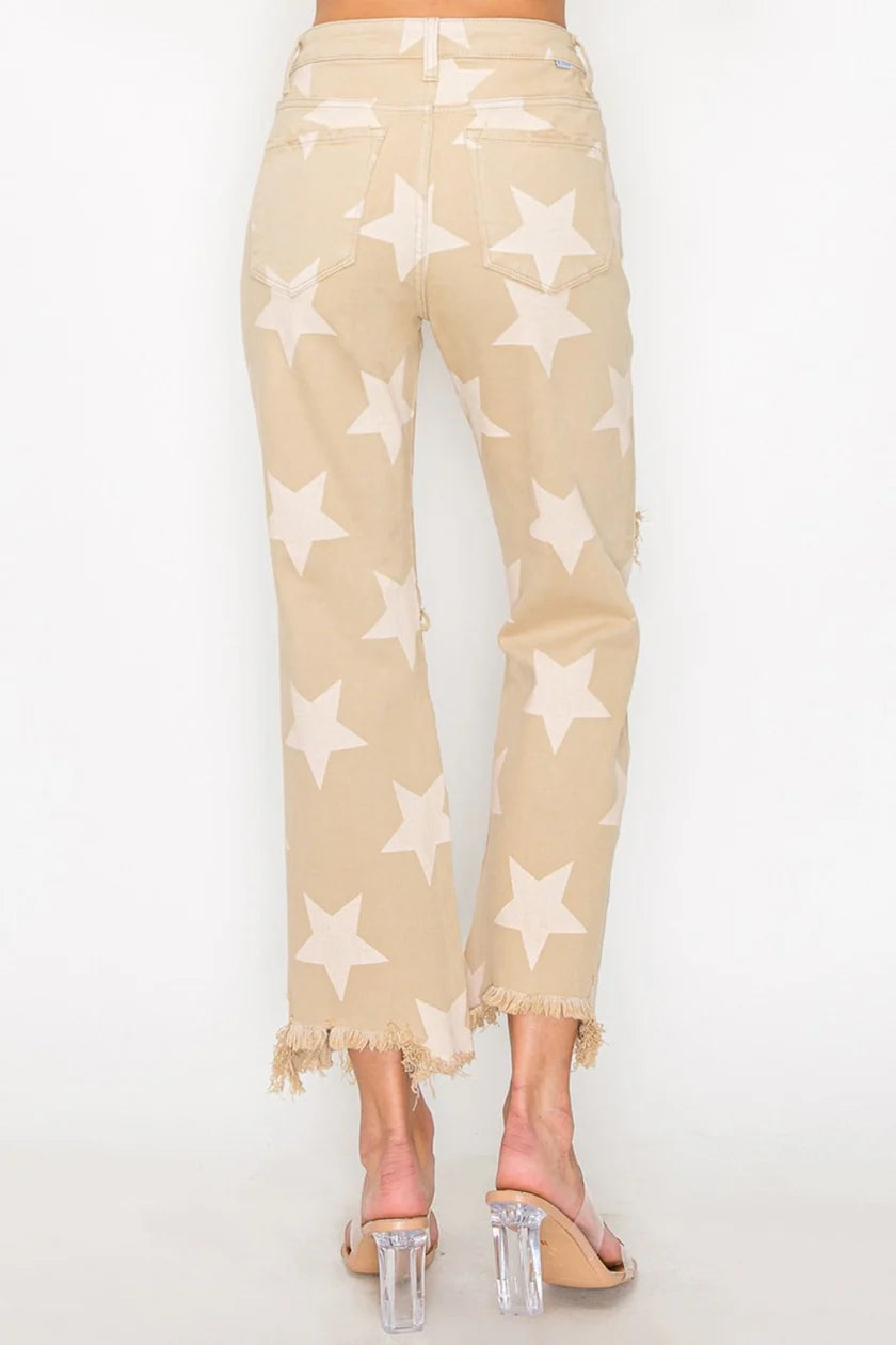 High Rise Star Printed Frayed Hem Jeans