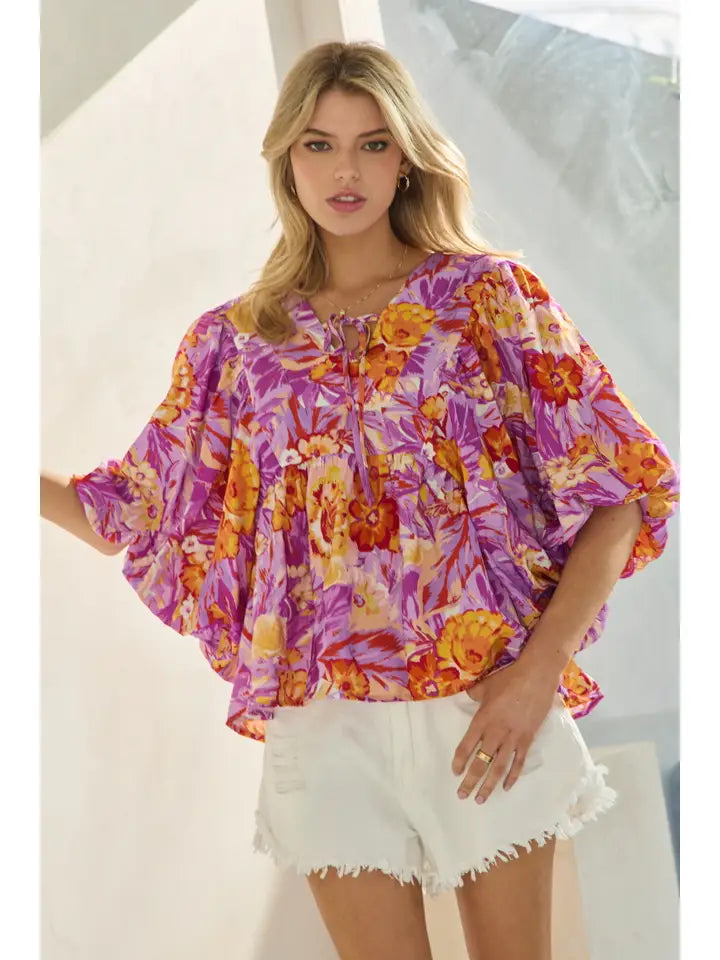 Tropical Bubble Sleeve Blouse
