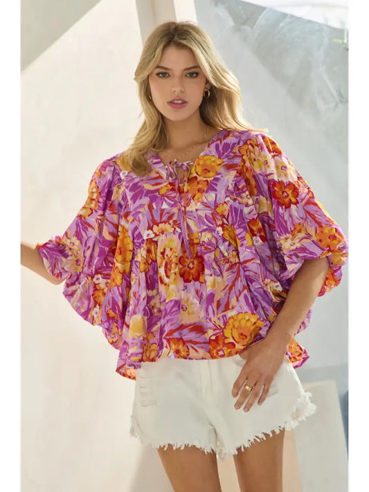 Tropical Bubble Sleeve Blouse