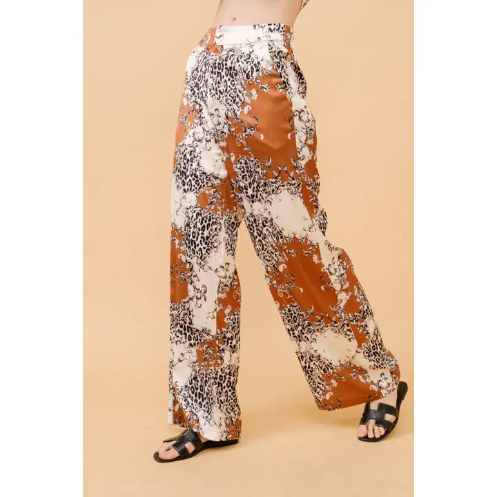 Baroque Leopard Print Satin Wide-Leg Pants