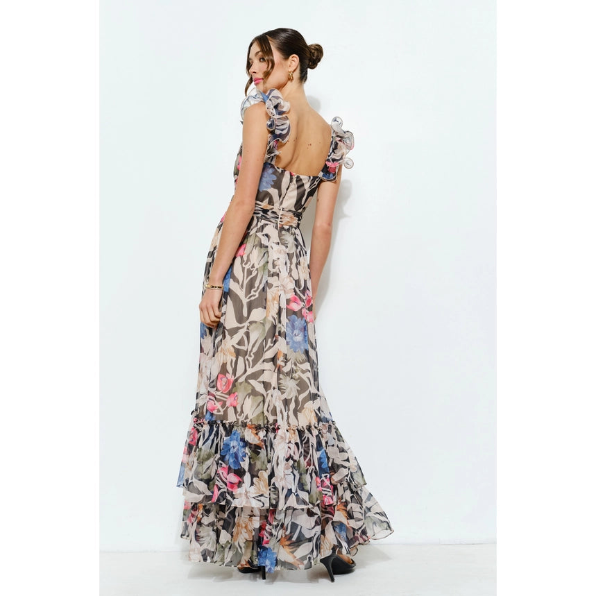 Ruffled Floral Chiffon Tiered Maxi Dress