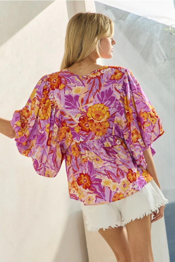 Tropical Bubble Sleeve Blouse
